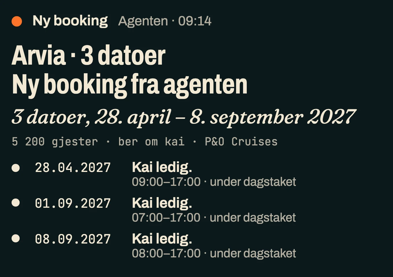 Beslutningskortet for en ny booking fra en agent: tre datoer i 2027, hver sjekket mot kaia. Ekte anløp fra den offentlige anløpslista.