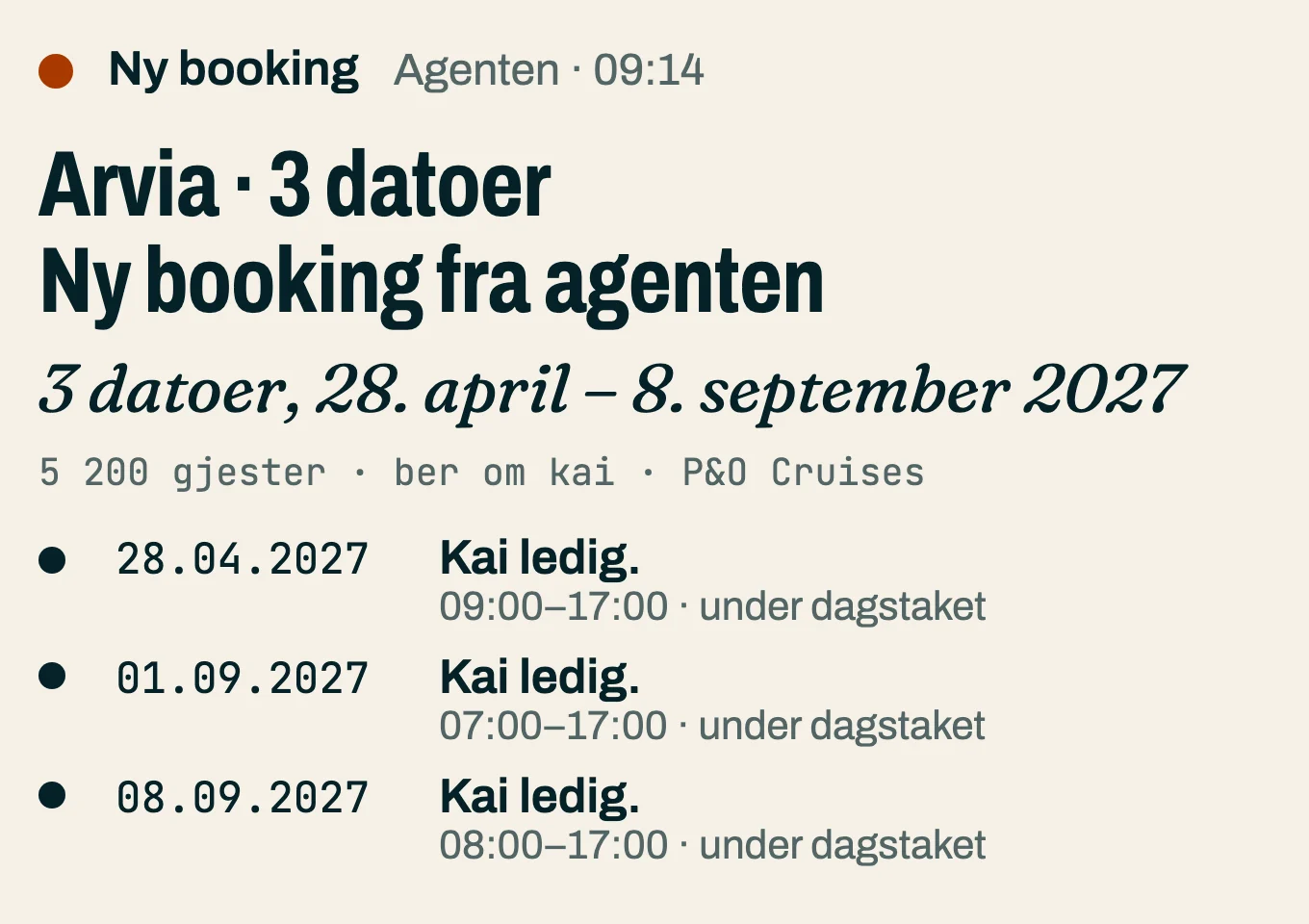 Beslutningskortet for en ny booking fra en agent: tre datoer i 2027, hver sjekket mot kaia. Ekte anløp fra den offentlige anløpslista.
