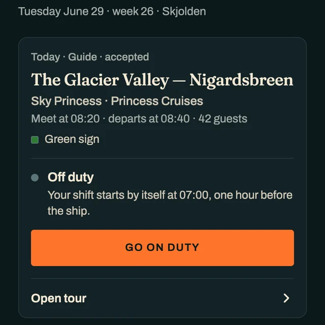 A guide's home screen in the app: today's tour on a real call, meeting time and guests. Real call, no name.