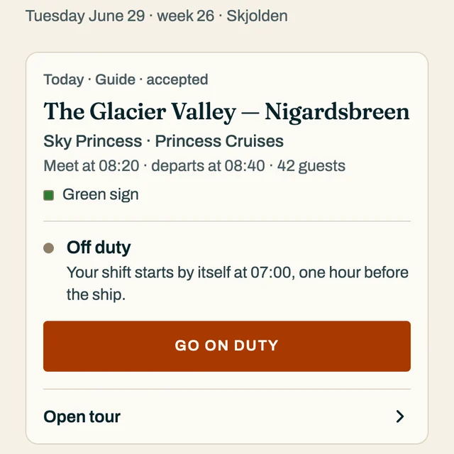 A guide's home screen in the app: today's tour on a real call, meeting time and guests. Real call, no name.